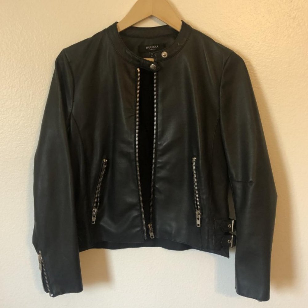 Muubaa Womens Zip Front Leather Moto Jacket Black